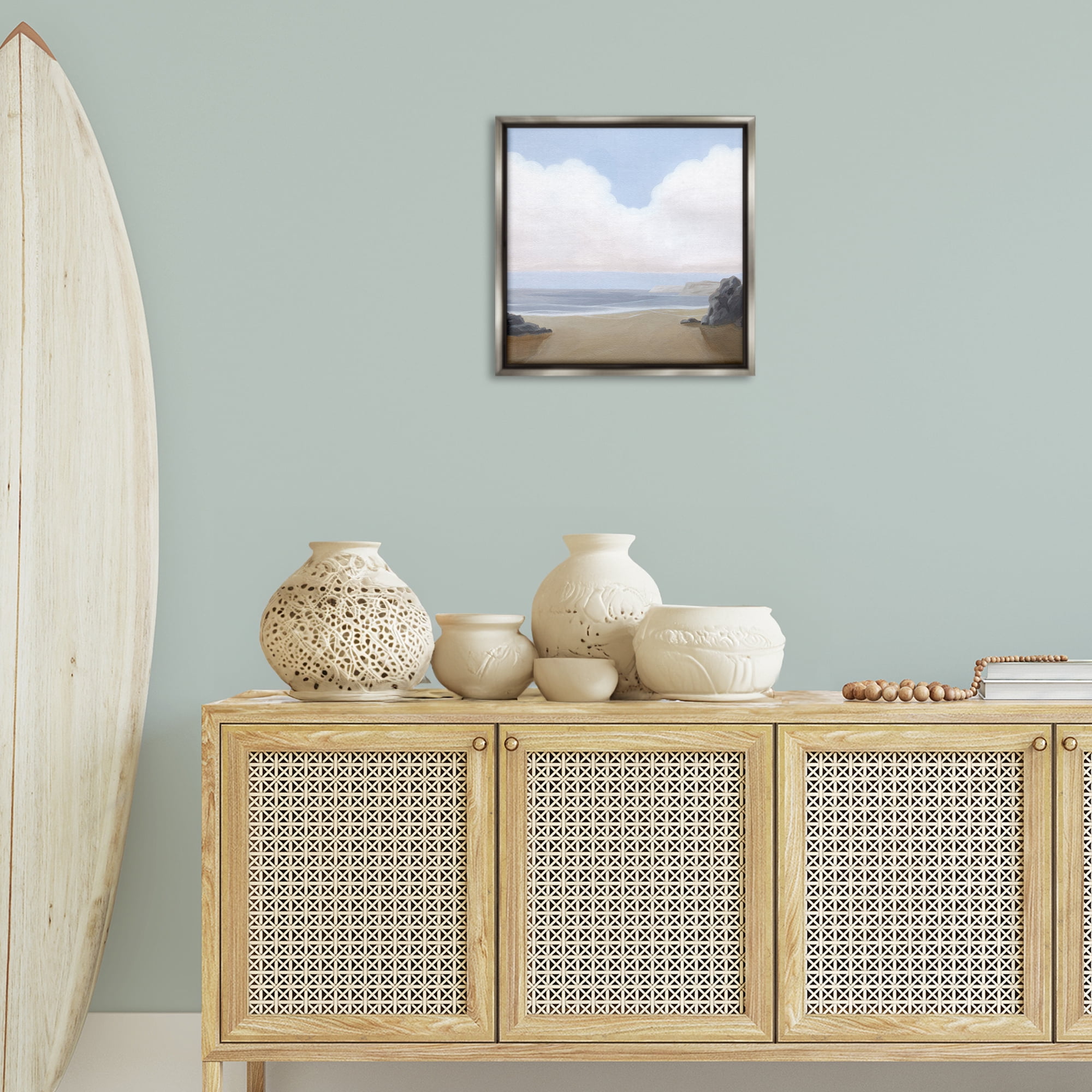 Stupell Industries Soft Clouds Over Beach Landscape Painting Gray Floater Framed Canvas Art Print Wall Art, 18 x 18