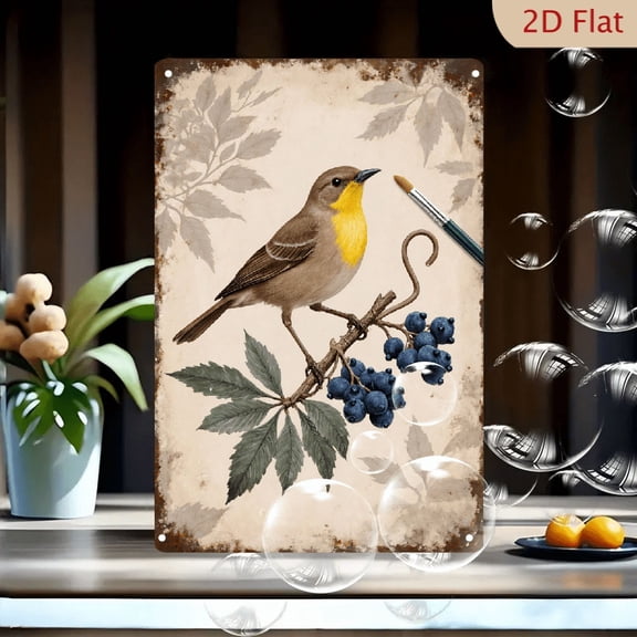 Vintage Bird on Branch with Blue Berries 8x12 inch Metal Wall Art, Rustic Farmhouse Decor Featuring Yellow-Throated Sparrow, Antique Parchment Background & Rusted Frame for Home Office Kitchen