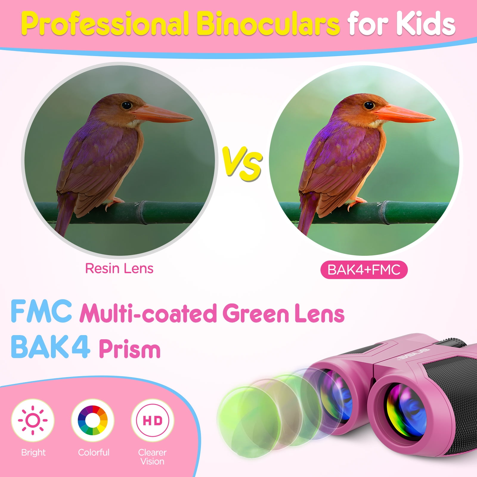 BNISE 10x25 Compact Binoculars for Adults and Kids-Small Binoculars for Travel Bird Watching Waterproof/Easy Focus/High Powered/ Low Light Vision-Pink