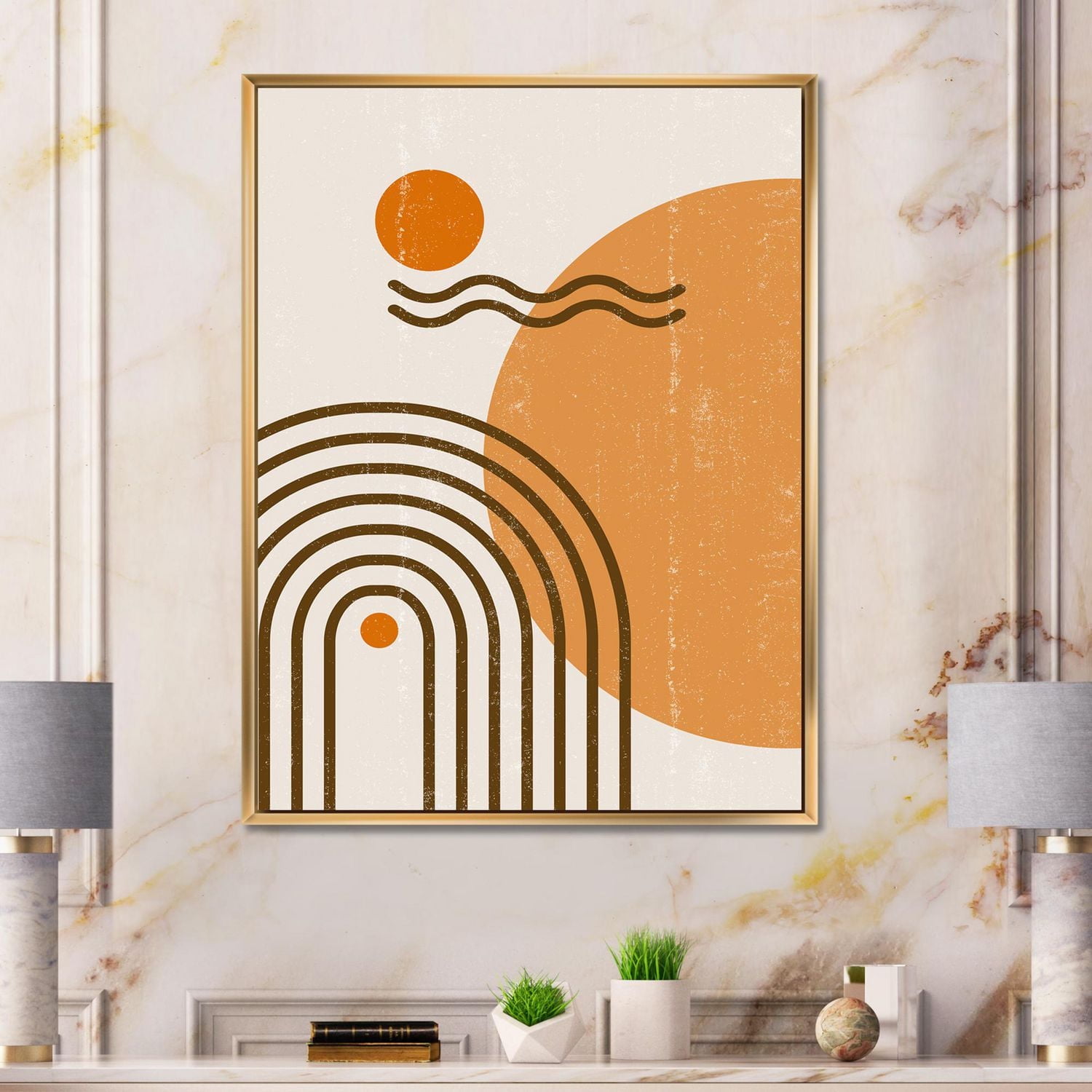 Designart Abstract Rainbow Sun and Moon In Earth Tones II FLOAT FRAME WALL ART