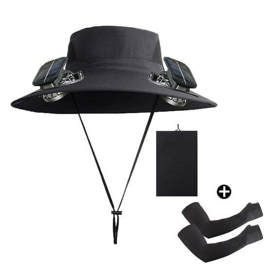 SINGCAOM Sun Hat Set with Cooling Fan and UV Arm Sleeve, UV Protection Neck Gaiter and Mask, Sun Hat with two Solar Power Fans, Summer Outdoor Work Sports Cooling UV Protection Skin Cover