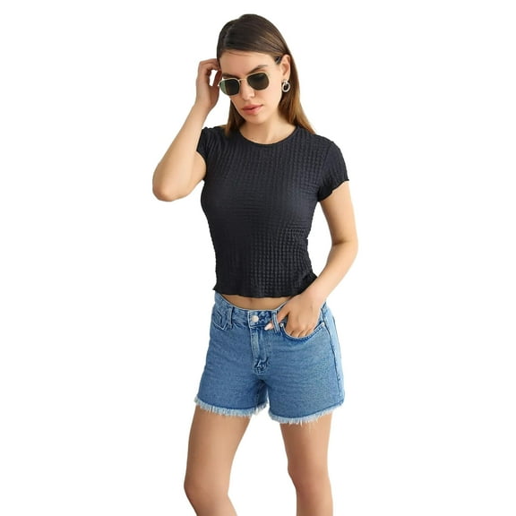 Short-Sleeve Round Neck Cropped Top in Textured Twisted Fabric