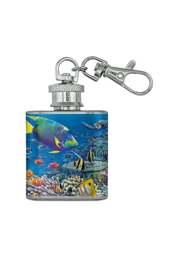 Ocean Coral Reef Angel Fish Garden Diving Stainless Steel 1oz Mini Flask Key Chain
