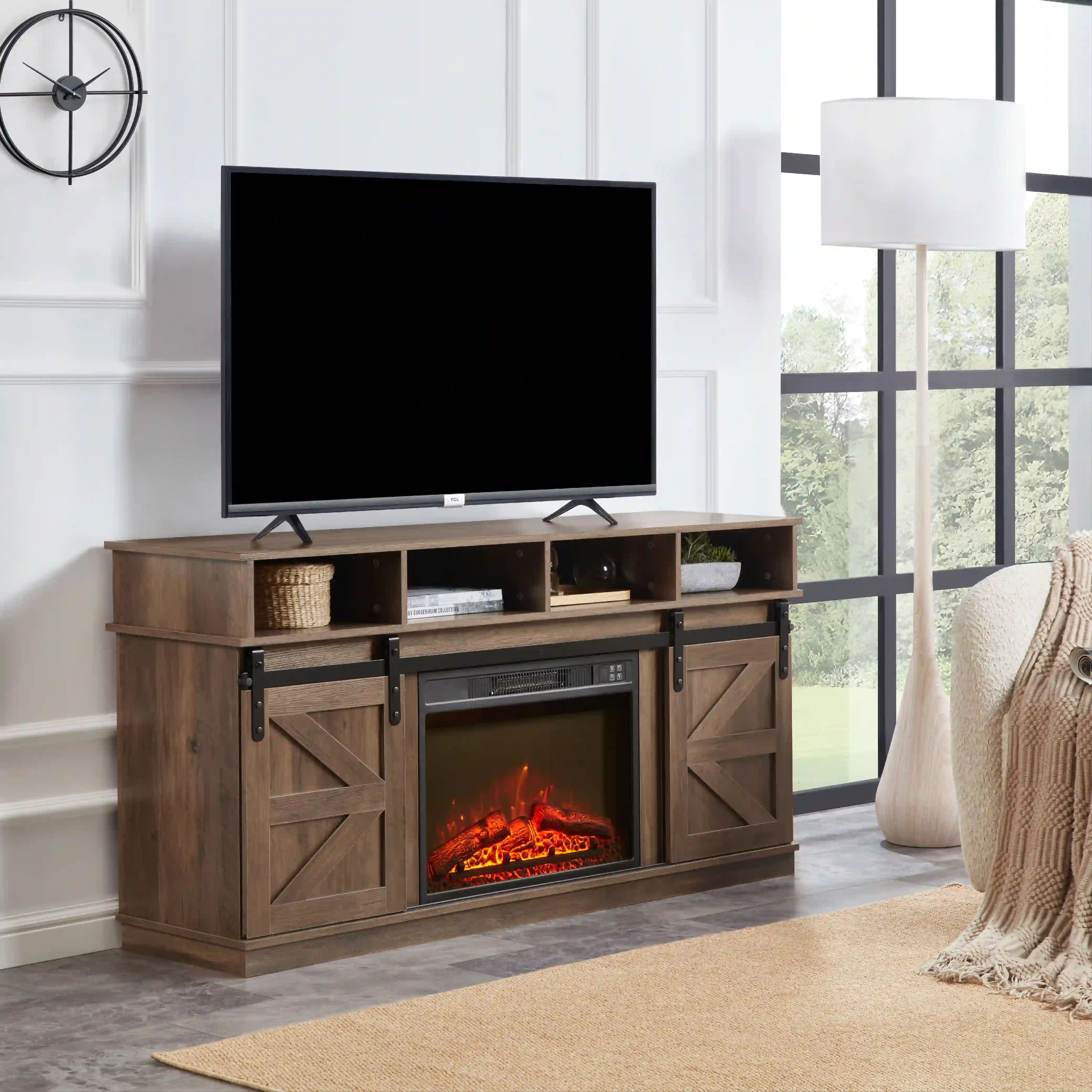 Aukfa Farmhouse Sliding Barn Door TV Stand for TVs Up to 65",Storage Cabinet Table,Brown