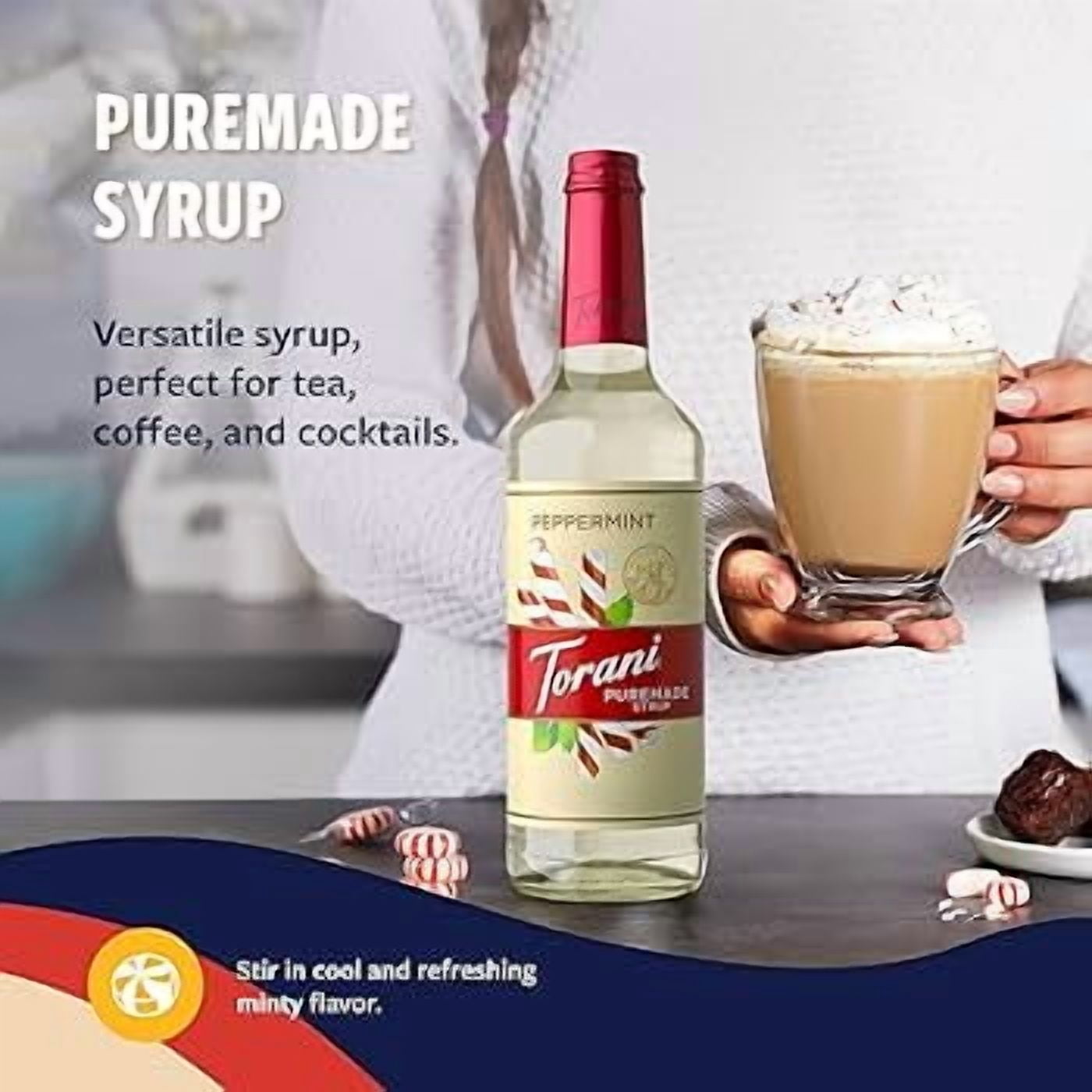 Torani Peppermint Puremade Flavouring Syrup, 25.4 fl oz (750ml) Glass Bottle with Absol Gold Pump