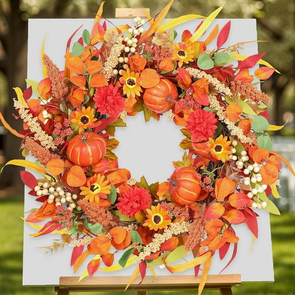 26 Inch Fall Wreaths for Front Door - Outside Autumn Door Wreath with Pumpkin Sunflower and Berries,Fall Decor for Farmhouse Indoor Outdoor Porch Wall Home Decor Halloween Thanksgiving (Wreath 2)