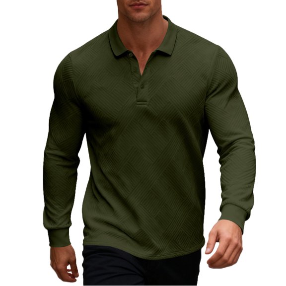 Men's Casual Lapel Polo Shirt T-Shirt Slim Fit Ribbed Long Sleeve Base Shirt for Men, Ideal for Casual Wear and Base Layer Outfits,Army Green,S