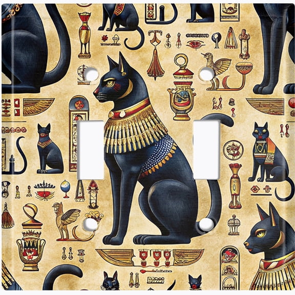 Metal Light Switch Wall Plate Outlet Cover (Printed Image of Ancient Egyptian Cat Goddess Hieroglyphs - Double Toggle)