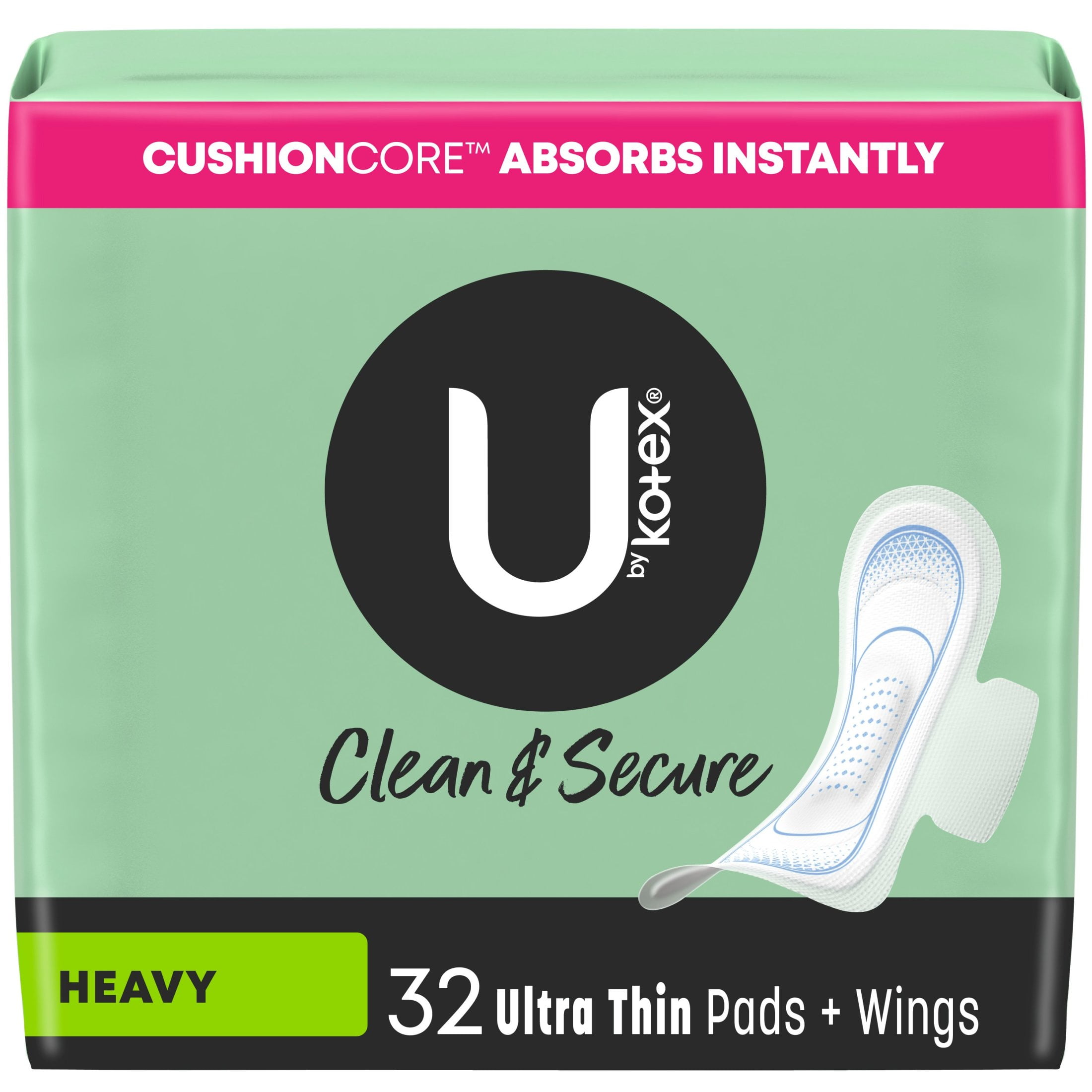 (4 pack) U by Kotex Clean & Secure Ultra Thin Pads with Wings, Heavy Absorbency, 32 Count