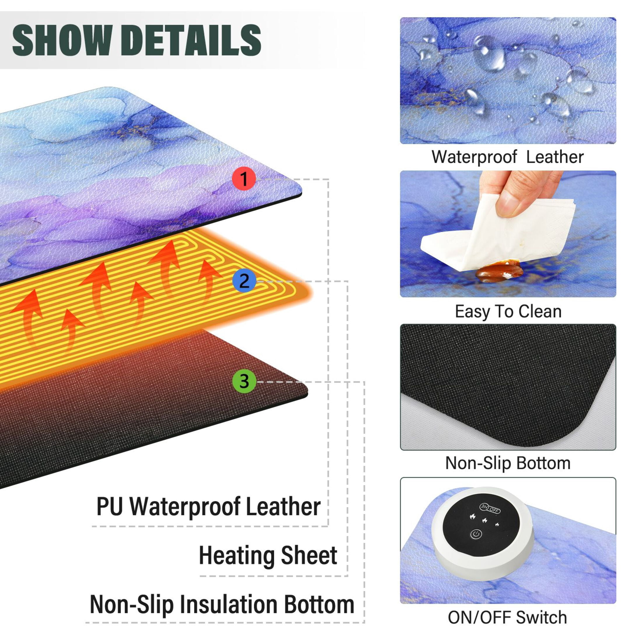 Large Heated Desk Mat Mouse Pad 31.5"x13"PU Leather Graphene Heating Desk Warmer with 3 Temperature Settings 110V US Plug Non-Slip Warm Pad for Home, Office, and Gaming Translucent Floral Ink Design