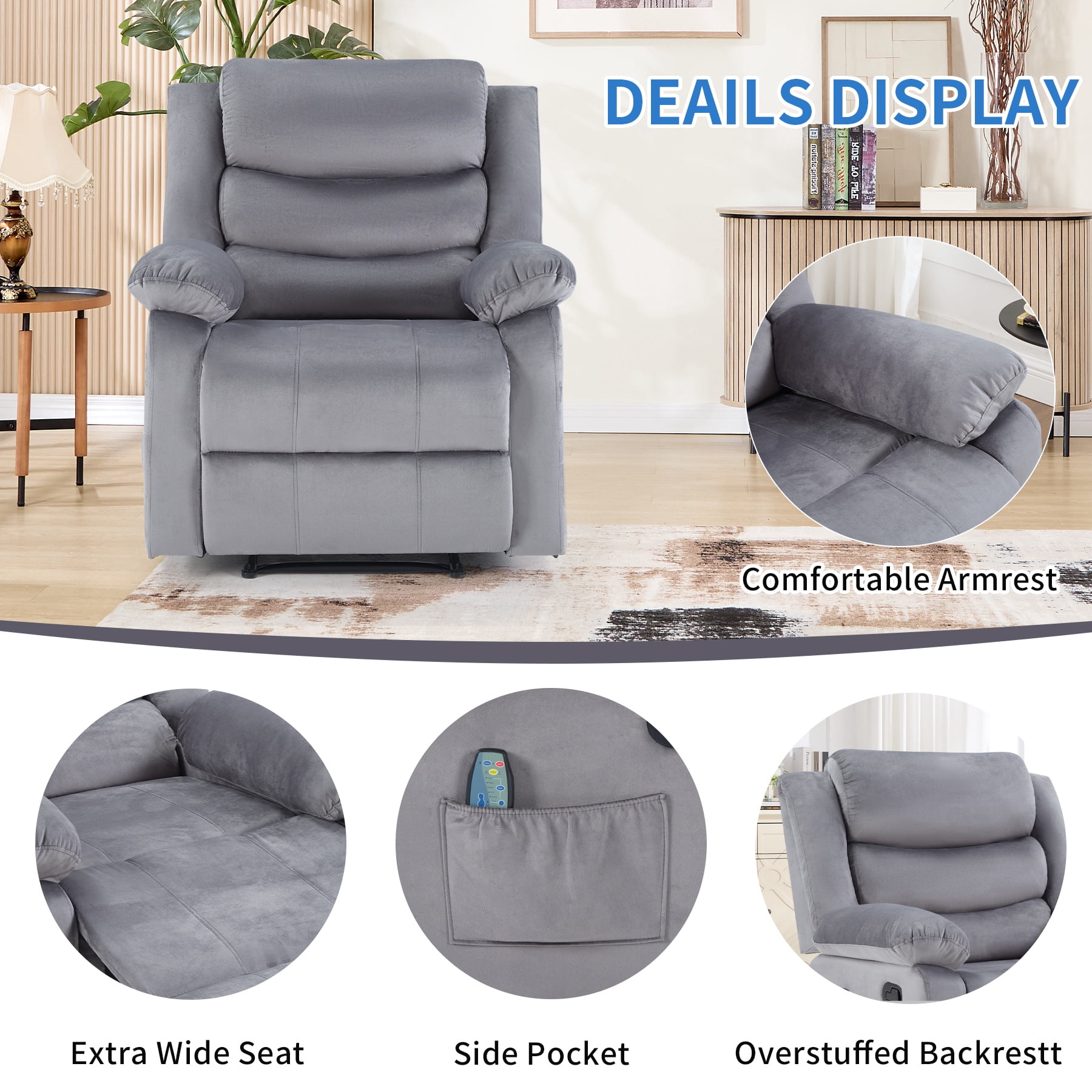 Bonzy Home Massage Recliner Modern Cloth Recliner Chair with Massage & Heating Breathable Fabric, Gray