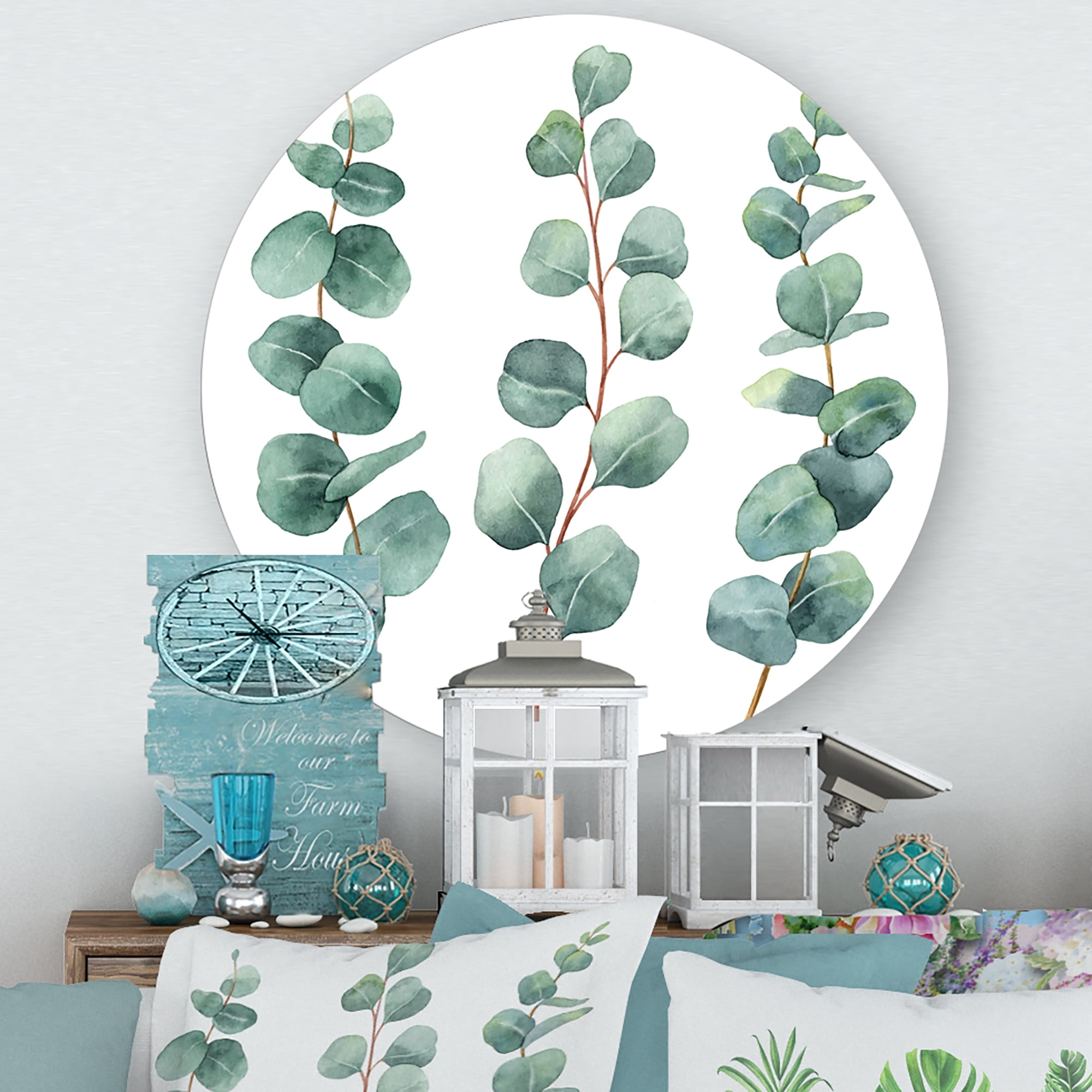 Designart 'Young Eucalyptus Branches and Leaves I' Traditional Circle Metal Wall Art 23x23 - Disc of 23