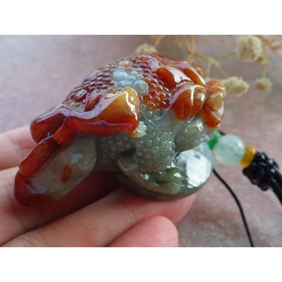 Certified Red Green Burma 100% Natural A Jade jadeite Pendant Frog Toad Money Coin Necklace 675752 TN