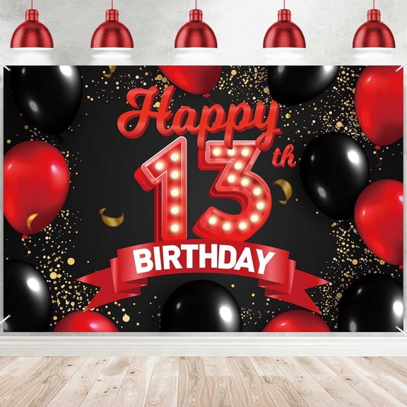 Happy 13th Birthday Red and Black Banner Backdrop Decorations Balloons Theme Decor for Girls Women Princess 13 Years Old Birthday Party