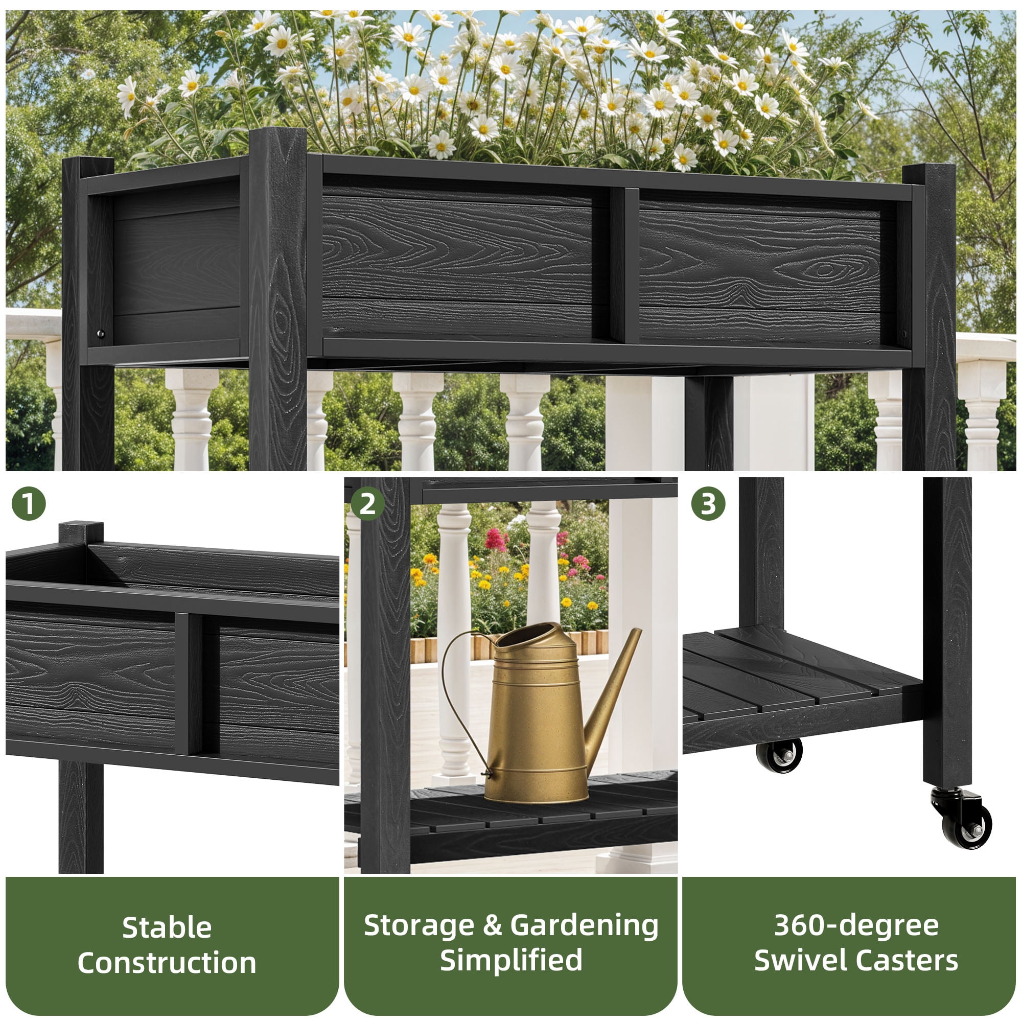 Uforic Elevated Planter Box with Wheels, Weatherproof HIPS Raised Garden Bed with Drainage, Black