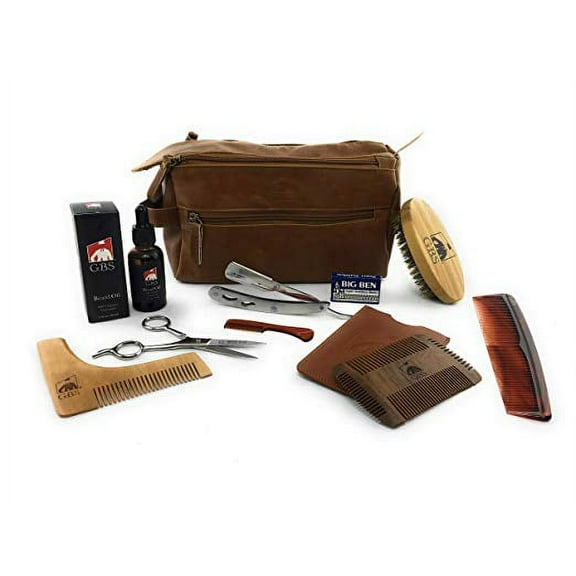 GBS Men's Deluxe Beard Grooming Gift Set - Travel Bag, Barber Shavette Razor, Shaping Tool, Dual Action Beard Comb, Unscented Beard Oil, Beard Brush, Trimming Scissors, Ear Nose Scissor   Accessories