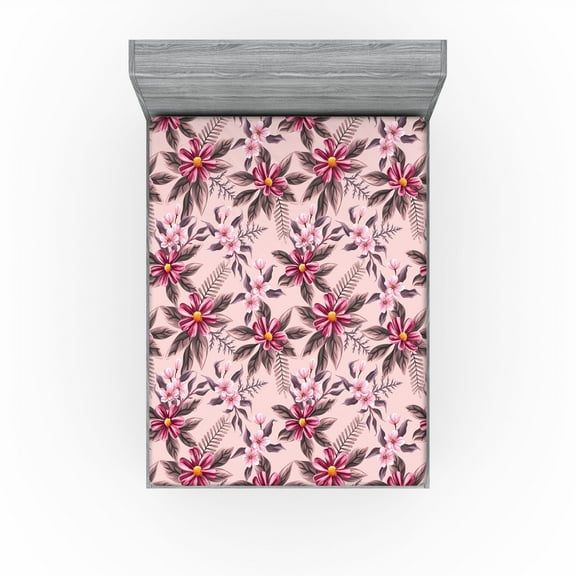 Ambesonne Floral Scene Fitted Sheet, Spring Romantic Flower, California King, Pale Pink Magenta