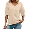 thumbnail image 2 of Lixiuxyad Women T-Shirt Womens V Neck Loose Fit T Shirt Double Layer Flounce Short Sleeve Top,Beige, 2 of 6