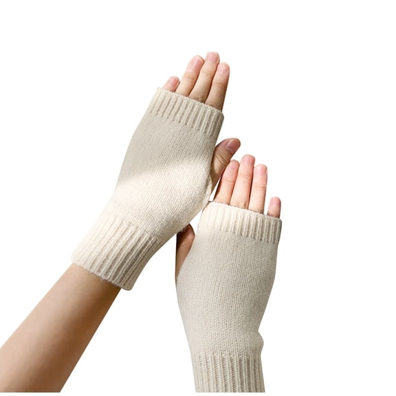 VJGBEGW Women Solid Plain Knit Fingerless Gloves Elastic Ribbed Half Finger Arm Warmers Knitted Wrist Cuffs for Office Typing White One Size