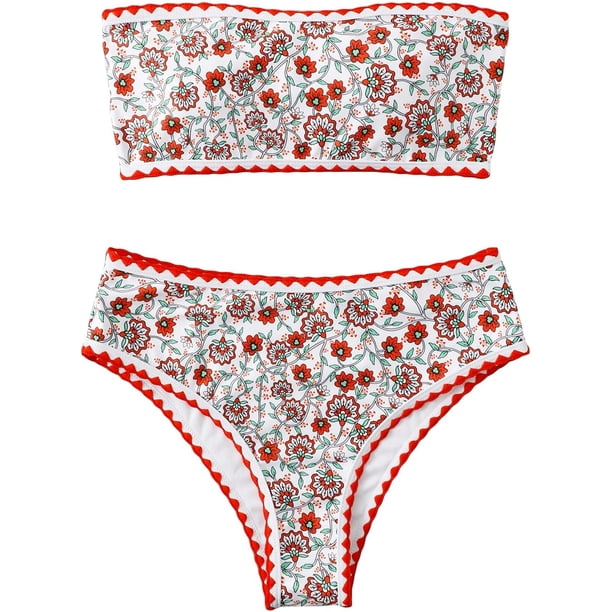 Traje de baño con estampado floral para mujer, sin tirantes, bandeau de corte alto, bikini Rojo (Red Floral) G Rojo (Red Floral) G Xishao ropa