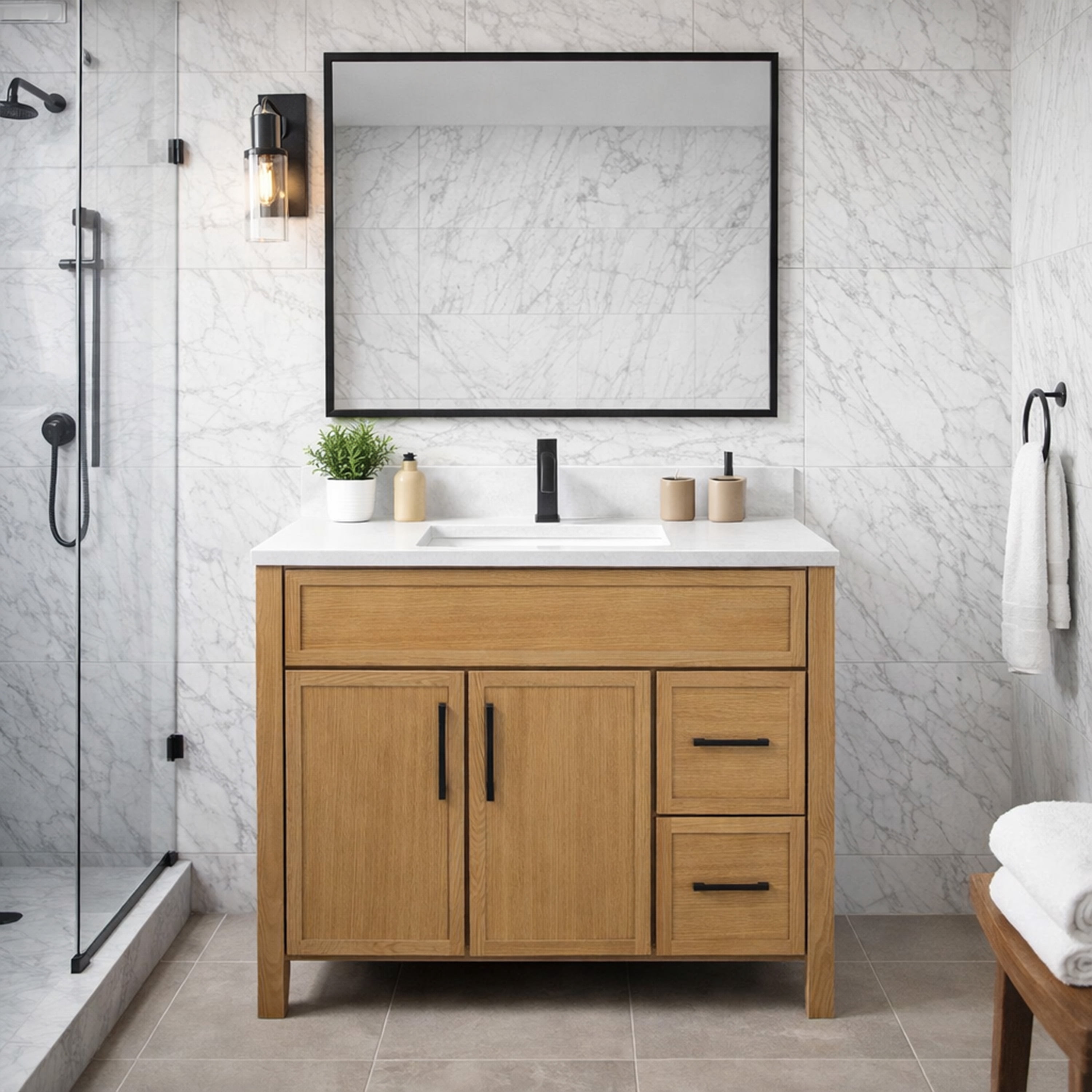 Design House Dawson 36-Inch Bathroom Vanity Cabinet, Fully Assembled, 2-Door 2-Drawer Freestanding, Comfort Height 34 in., Riffed Oak, Matte Black Hardware, 228437-ROAK-FA