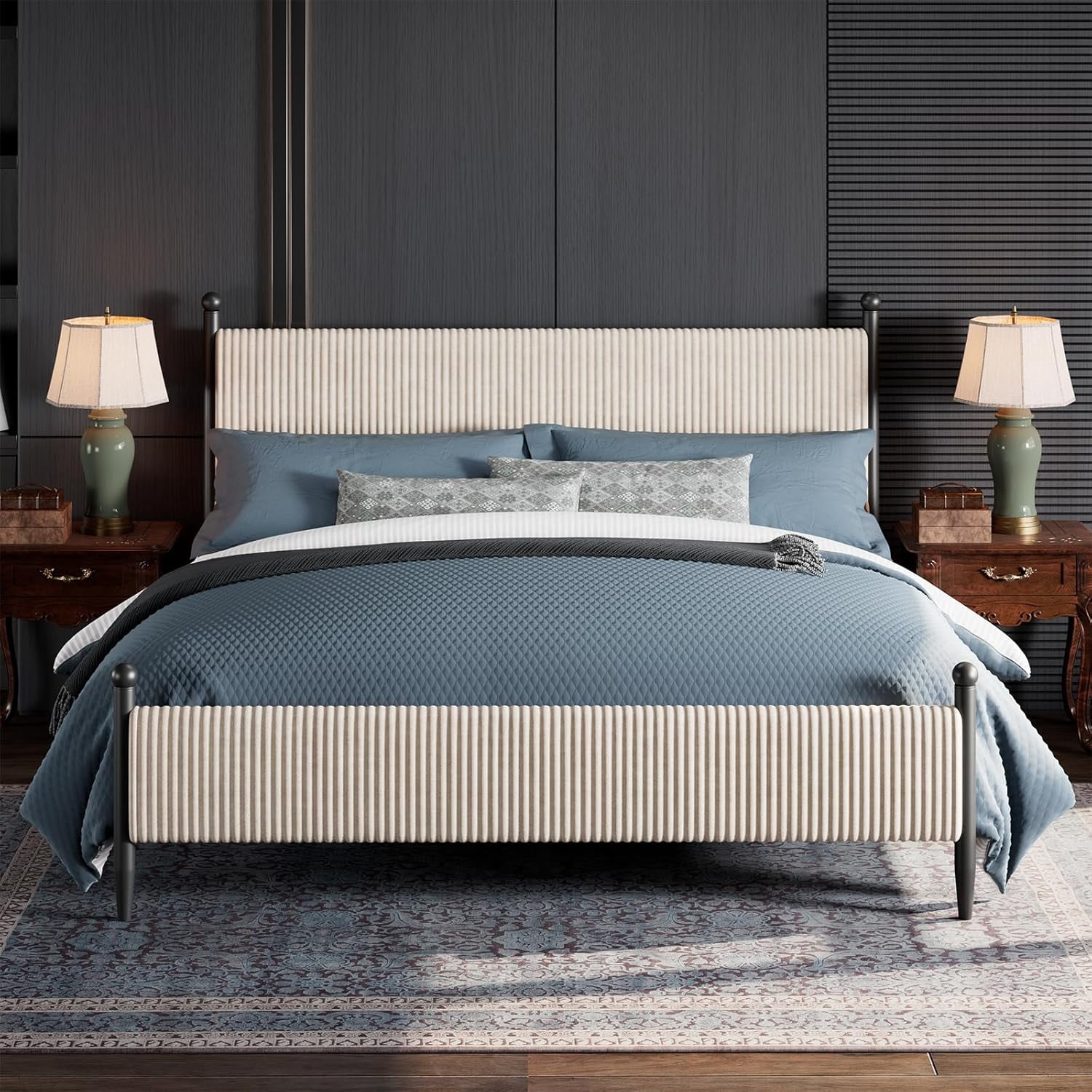 King Size Bed Frame - with Vertical Stripes headboard, Corduroy upholstered Bed upholstered Bed Frame with Vintage Metal Legs, no Box Spring Needed, Easy Assembly, White