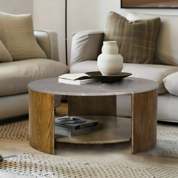 The Round Coffee Table with Mixed Materials and Shelf for Living Room, Easy to Clean and Space-Saving.