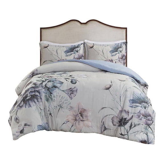 Pemberly Row 90" 3-Piece Cotton Printed Duvet Cover Set in Blue