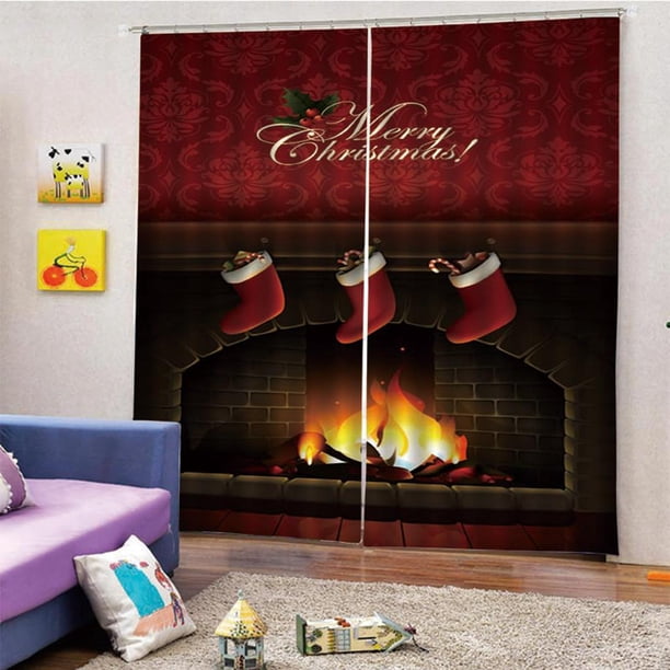 2 Piezas / De Cortinas De Navideño, Ventana, Cortina, , Cortina, Con Ganchos Y Anillos De Instalación, Cortinas Con Aislamiento Térmi Chimenea - 150x166cm Soledad Cortina de ventana de Navidad