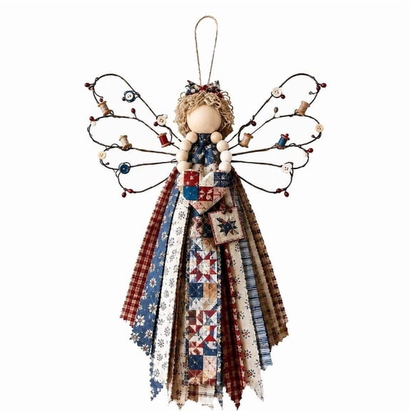 Angel Fabric Hanging DIY Kit, Handmade Ornament Craft Kit with Precut Fabric Lace Wood Beads, Rustic Farmhouse Christmas Decor for Home Wall