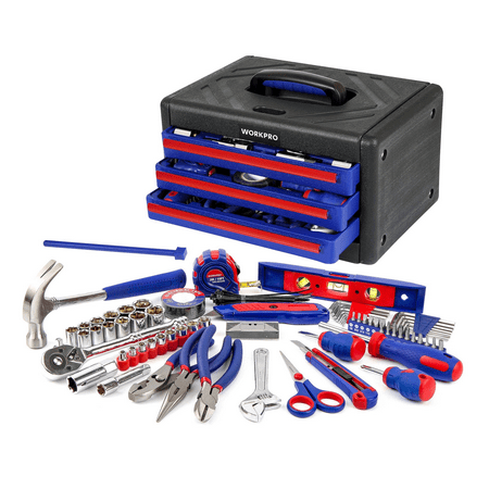 WORKPRO 125-Piece Home Repair Tool Set, Hand Tool Kit with 3-Drawer Storage Case, includes Torpedo Level, Screwdriver