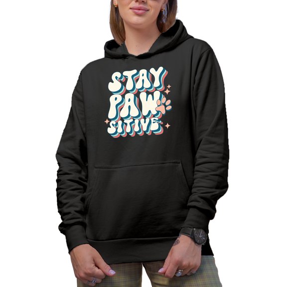 Stay Pawsitive Pun, Groovy Text & Dog or Cat Paw Art Merch Gift, Black Hooded Sweatshirt or Hoodie, Small