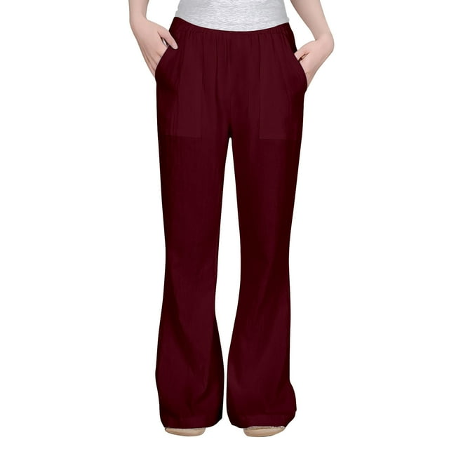 Girls Casual Flowy Loose Fit Linen Pants - High Waist, Wide Leg, Pockets, Polyester Blend, Age 5-14 Years, All-Season Versatile