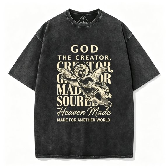 Vintage Washed Christian Graphic T-Shirt, God The Creator Cherub Angel Print Heaven Made Made For Another World Casual Oversized Short Sleeve Tee