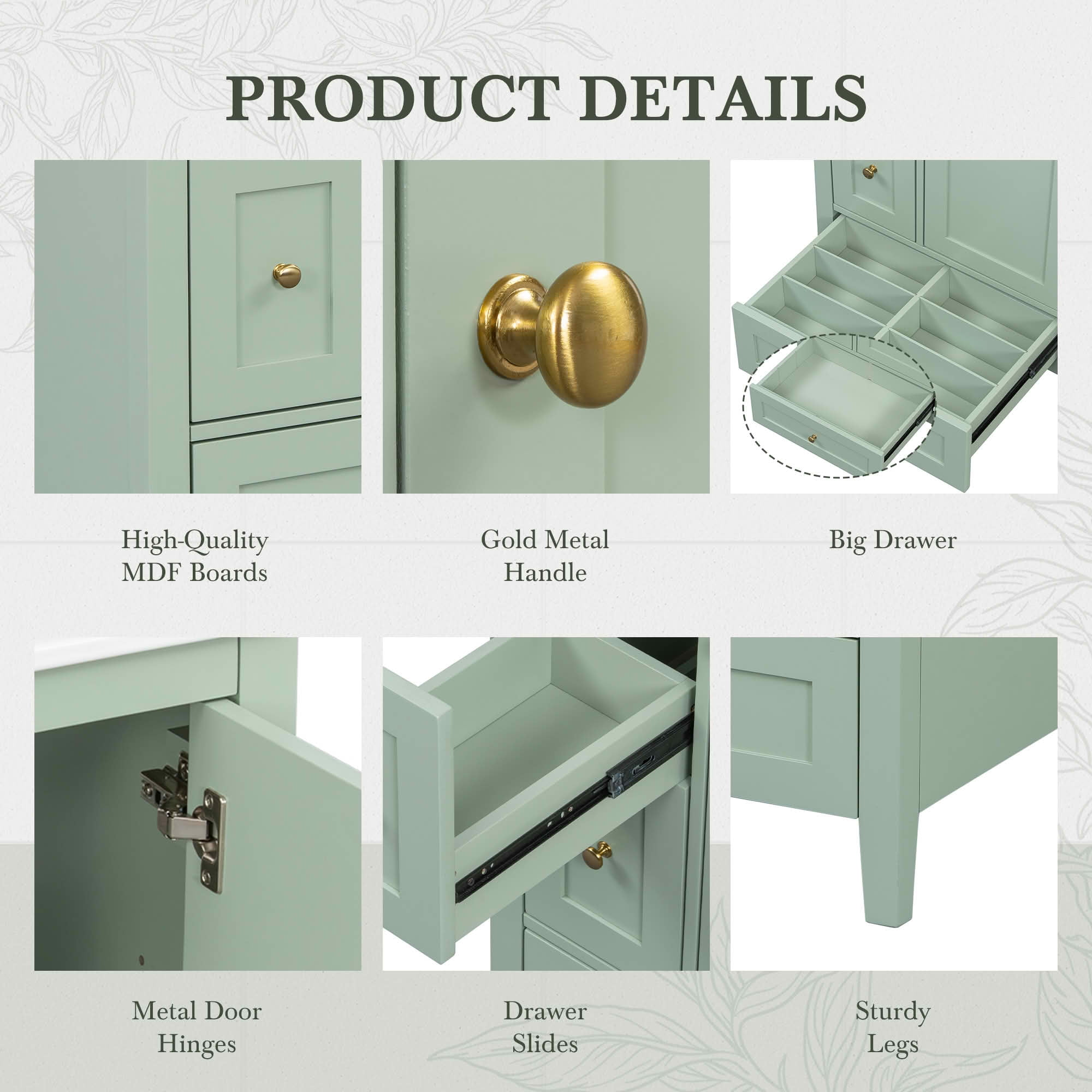 MAYEERTY 24-Inch Bathroom Vanity with Storage, Adjustable Shelf MDF Rubberwood Removable Dividers, Green Finish