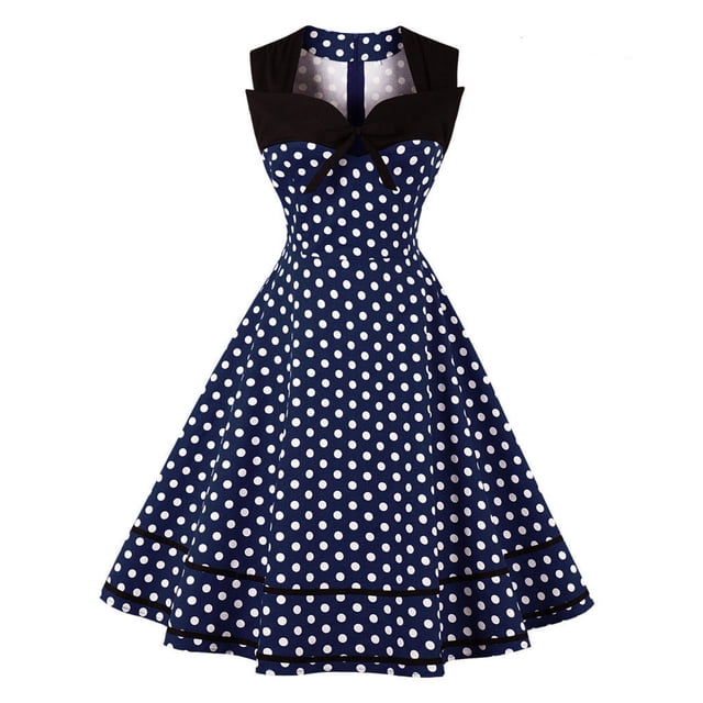 HKEJIAOI Robes Décontractées pour Femmes Cadeau d'Anniversaire Mode Femme Robe Vintage Sans Manches Col Carré Nœud à Pois Marine Réduction Liquidation