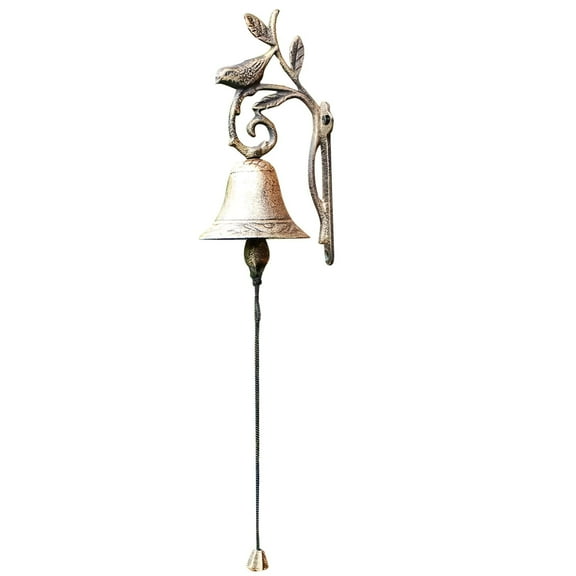 Vintage Bird Dinner Bell, Antique Bronze Wall-Mounted Outdoor Garden Bell with Hand-Pull Mechanism for Patio, Yard Decor, 18.1 Inch