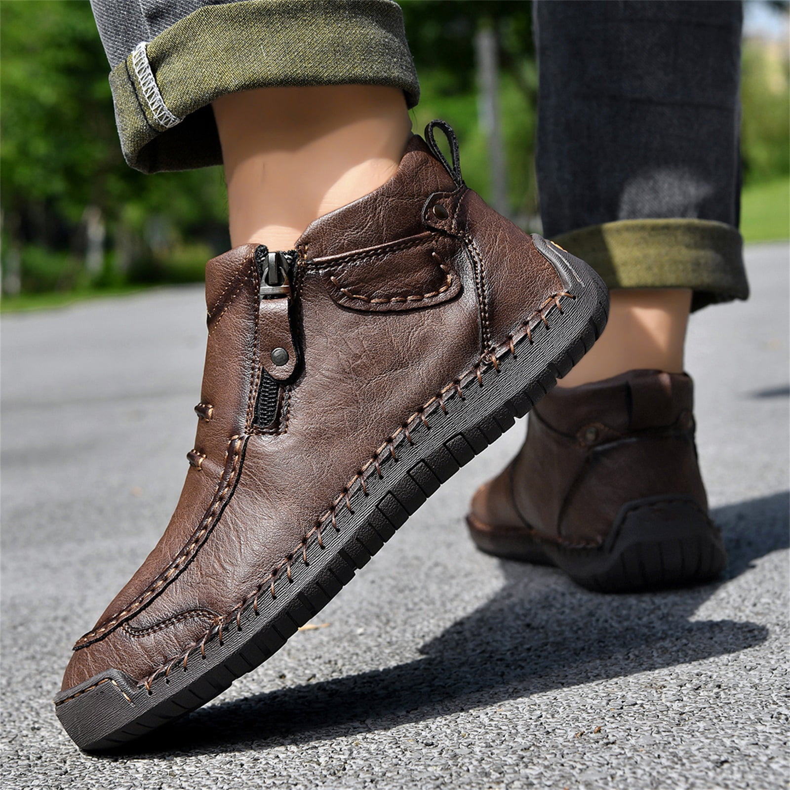 HTHLVMD Side Zipper Boots for Men, Men’S Slip-On Orthopedic Leather Boots,Men’S Handmade Premium Leather Slip-On Driving Boots,Men Side Zipper Orthopedic Shoes for Driving Hiking, Brown 6