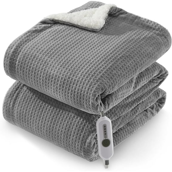 GARVEE Electric Throw Blanket 50"x60",Soft Flannel Waffle Heated Blankets,4 Heating Levels & 4 Hours Auto Off,Grey