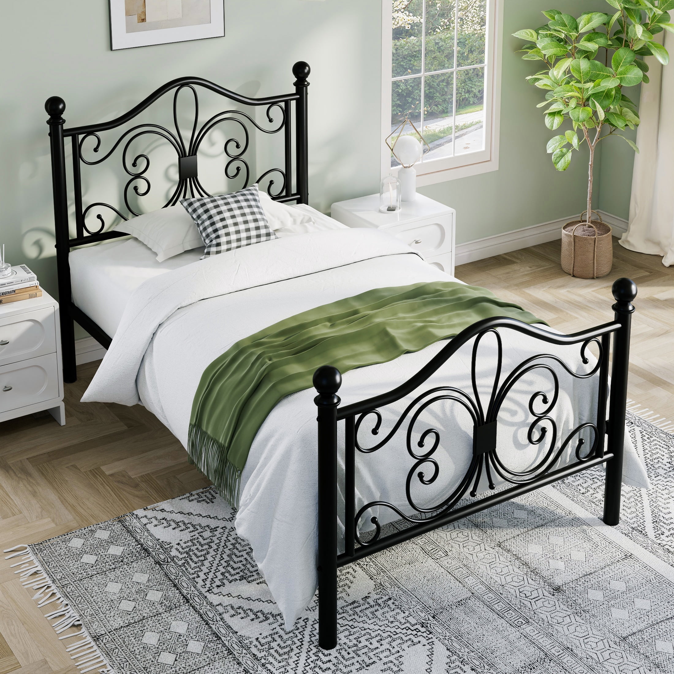 Sha Cerlin Twin Size Metal Platform Bed Frame with Victorian Vintage Butterfly Headboard&Footboard, Black