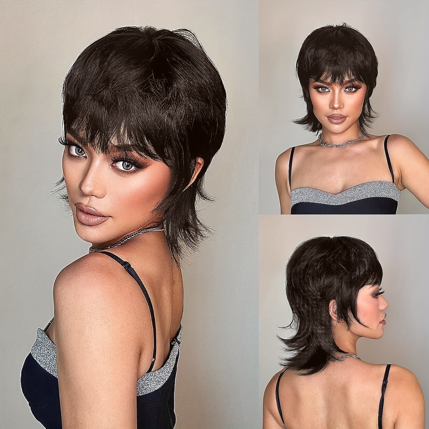 QUEENTAS Short Brown Wigs for  Women Synthetic Mullet Wig Brown Wig with Bangs Glueless Short Wigs Dark Brown Wig