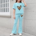 thumbnail image 2 of KVPLBQFD Girls Summer 2 Piece Outfit Heart Embellished Short Sleeve Top + Stretchy Flared Pants Set for Teens Girl Fashion Vacation Travel Clothes, 2 of 6