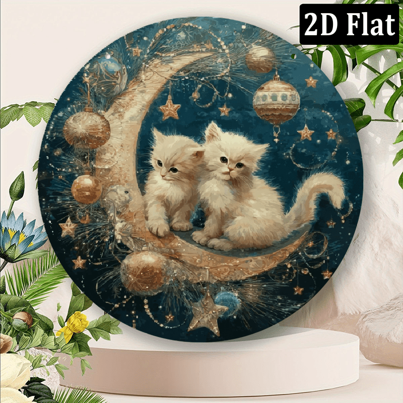 2D Flat, 1pc 8x8inch Aluminum Munchkin Cat Guardian Christmas Metal Sign - Inch Round Aluminum Wall Art, Festive Moon Decor for Home, Kitchen, Garden, Bedroom, Office - Vintage Style