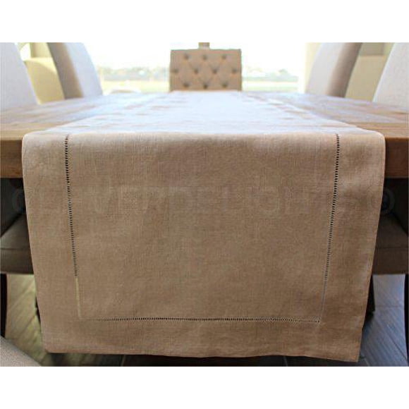 CleverDelights Natural Linen Hemstitched Table Runner - 16" x 72" - 100% Pure Linen