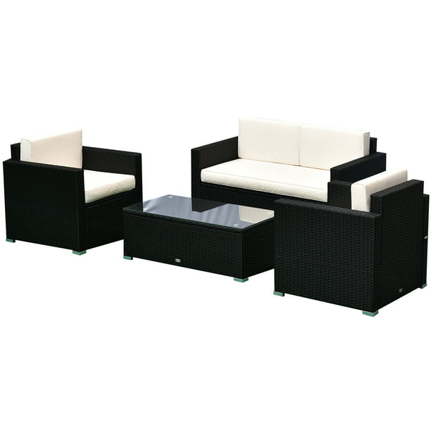 Outsunny 3 Piece Patio Furniture Set Rattan Wicker Sofa Lounger Balcony Black Com - Black Rattan Wicker Patio Chairs