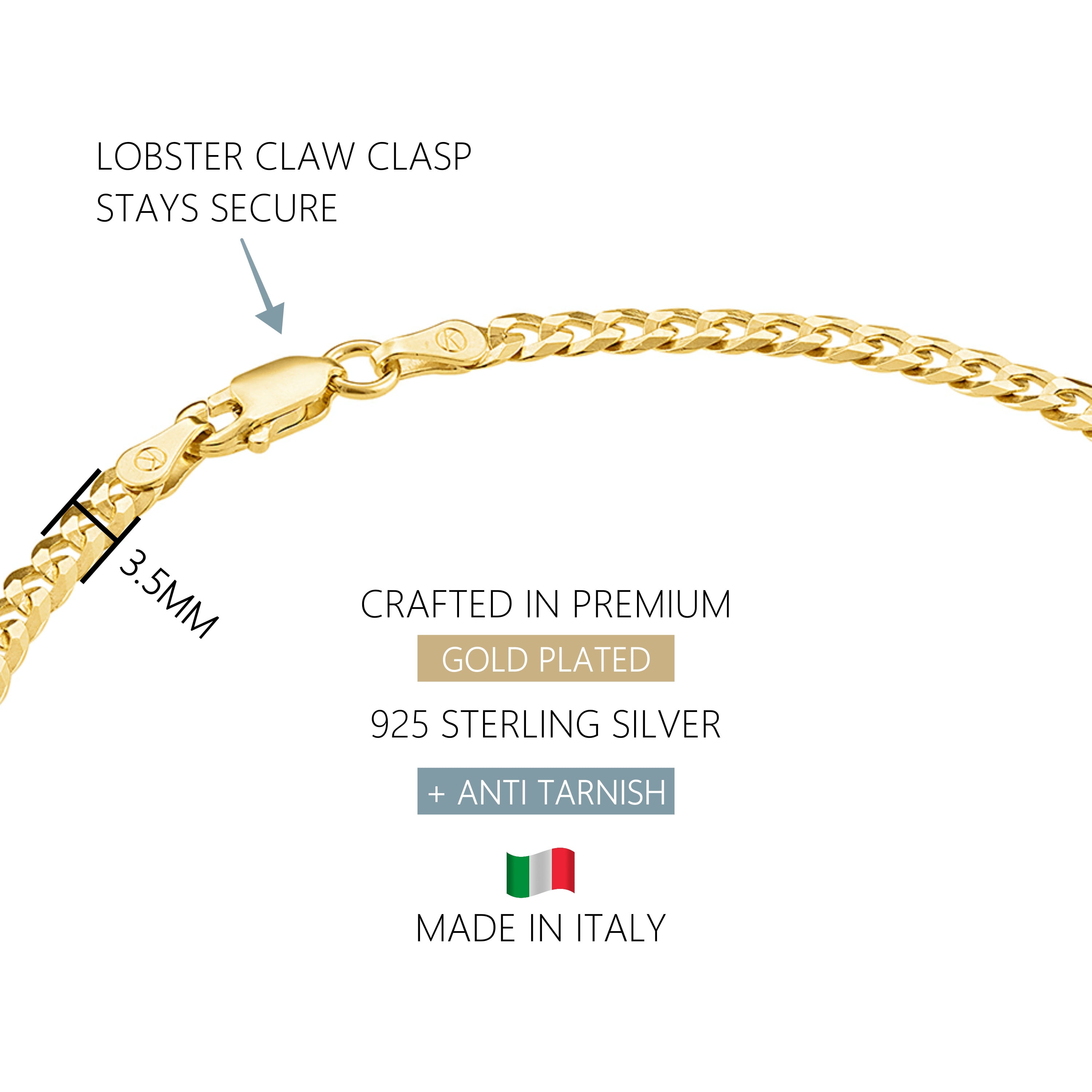 KISPER 18K Gold Plated 925 Sterling Silver 3.5mm Curb Chain Anklet Bracelet for Women, Italian Design, 9"