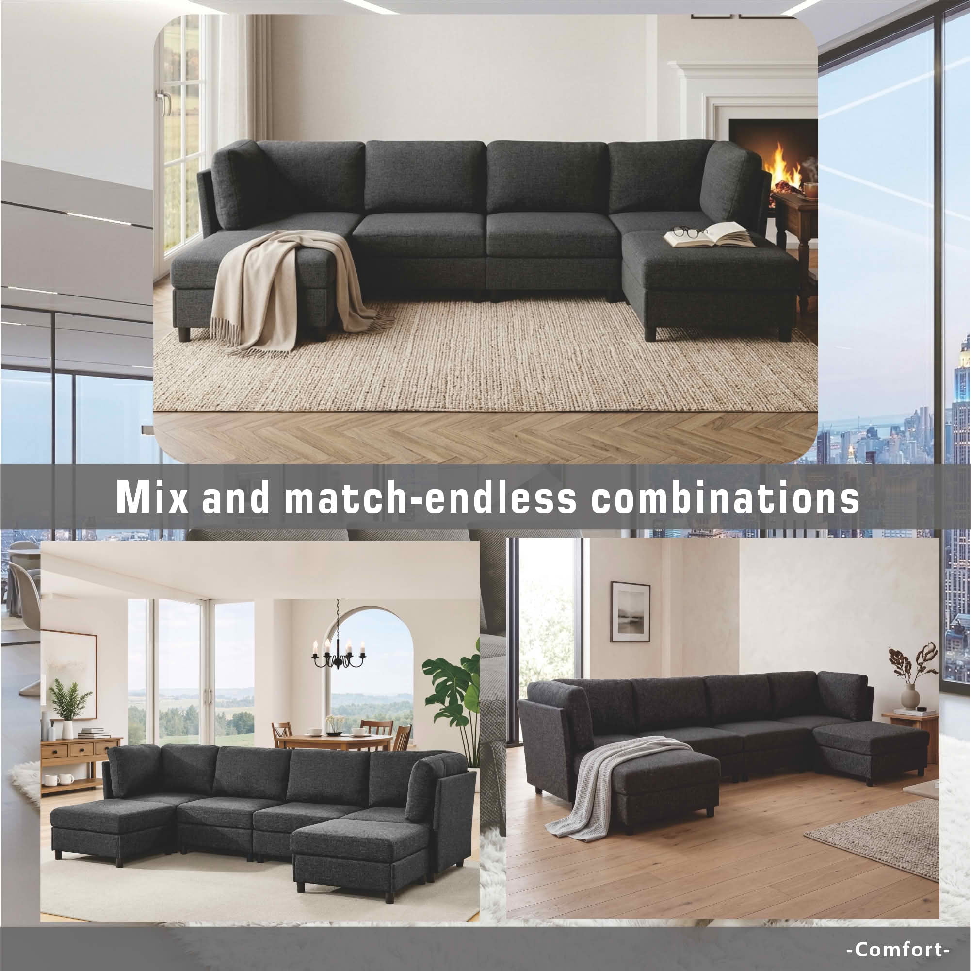 MAYEERTY 124 Inch Modular Corner Sectional Sofa, Freely Reconfigurable Modern Couch with Convertible Ottoman for Living Room