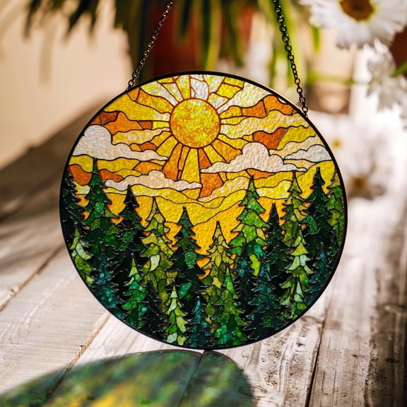 Forest Sun Suncatcher Stained Glass Window Hanging Nature Decor Gift for Mom 1868932508 6864