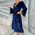 thumbnail image 6 of Arlun Velvet Lace Trim Sleepwear Robes for Women Deep V-Neck Long Sleeve over the Knee Length Wrap Bathrobe Soft Comfy Solid Color Belted Nightgowns Loungewear Blue M, 6 of 6