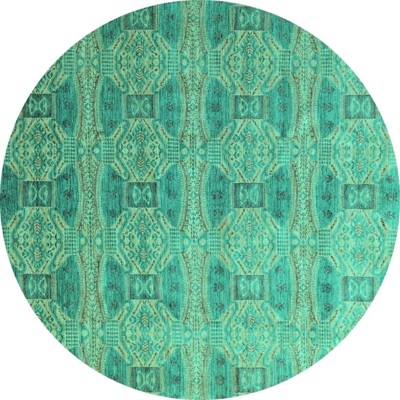 Ahgly Company Machine Washable Indoor Round Oriental Turquoise Blue Modern Area Rugs, 4' Round